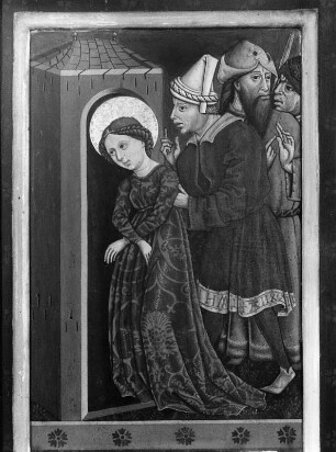 Katharinenaltar : Katharinenaltar. Holz, bemalt (um 1460). Erneute Einkerkerung der heiligen Katharina. Sankt Georgen ob Murau-Bodendorf, Filialkirche Sankt Cäcilia