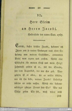 10. Herr Gleim an Herrn Jacobi. Halberstadt den 22ten Sept. 1767