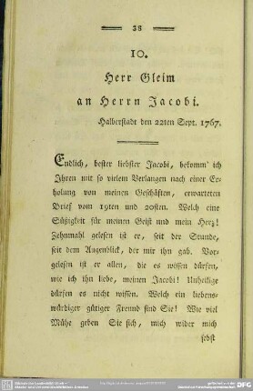 10. Herr Gleim an Herrn Jacobi. Halberstadt den 22ten Sept. 1767