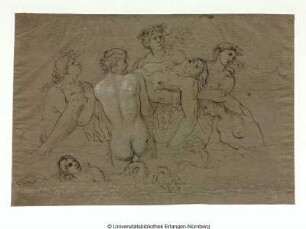 Fünf Nymphen, den toten Hylas nach links durch das Wasser tragend