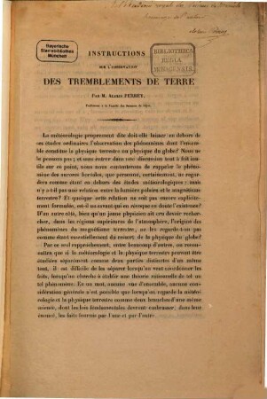 Instructions sur l'observation des tremblements de terre : Extrait de l'annuaire météorolog. de la France, année 1848