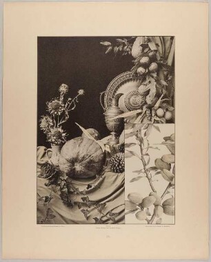 56. Stillleben und Füllung aus Prunkkanne, Schüssel, Artischoke, Kürbis, Epheu, Granatapfel, Mandelzweig etc.