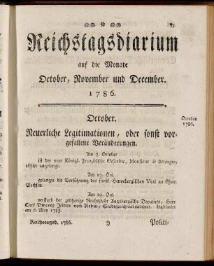 Reichstagsdiarium auf die Monate October, November und December 1786.