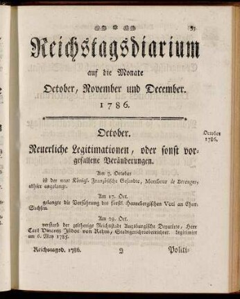 Reichstagsdiarium auf die Monate October, November und December 1786.