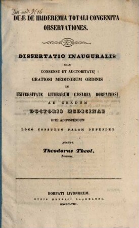 Duae de irideremia totali congenita observationes : dissertatio inauguralis