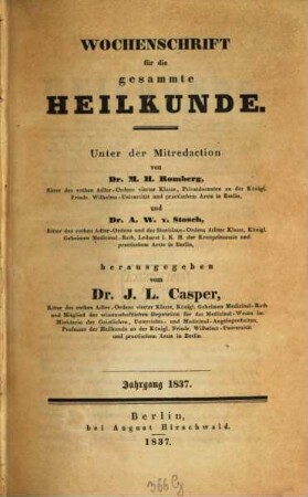 Wochenschrift für die gesammte Heilkunde. 1837