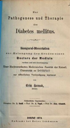 Zur Pathogenese und Therapie des Diabetes mellitus
