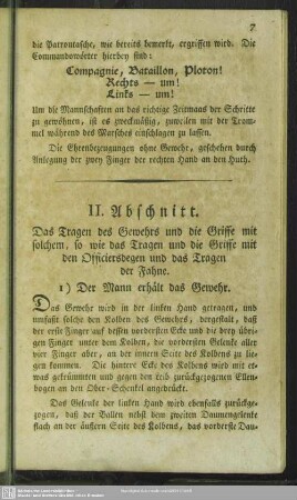 II. Abschnitt. Das Tragen des Gewehrs und die Griffe mit solchem, so wie das Tragen und die Griffe mit den Officiersdegen und das Tragen der Fahne