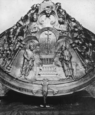 Hildesheim, Dom St. Maria, Kapelle des Hl. Georg, Bronzetaufbecken, Deckel, die Rute Aarons (Detail)