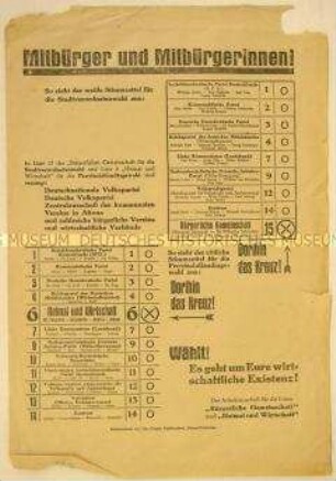Wahlaufruf der Listen "Bürgerliche Gemeinschaft" und "Heimat und Wirtschaft" mit Abbildung der Stimmzettel zur Hamburger Stadtverordneten- und Provinziallandtagswahl