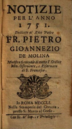 Notizie : per l'anno .... 1751