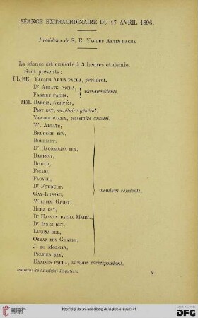 Séance extraordinaire du 17 avril 1896: présidence de S. E. Yacoub Artin Pacha