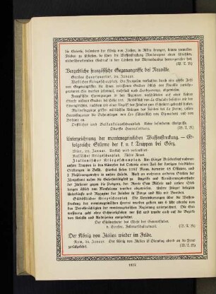 Unterzeichnung der montenegrinischen Waffenstreckung. - Erfolgreiche Stürme der k. u. k. Truppen bei Görz.