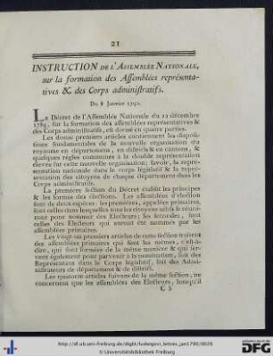 Instruction de l'Assemblée Nationale, sur la formation des Assemblées représentatives et des Corps administratifs.