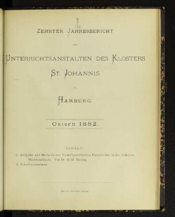 10.1882: Jahresbericht der Unterrichtsanstalten des Klosters St. Johannis zu Hamburg