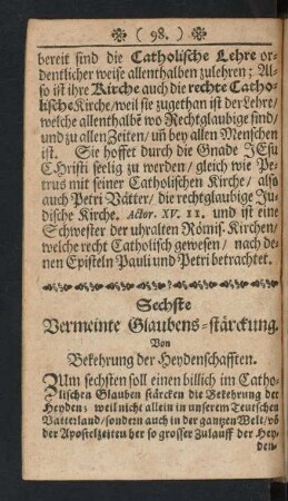 Sechste Vermeinte Glaubens-stärckung. Von Bekehrung der Heydenschafften.