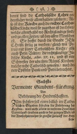 Sechste Vermeinte Glaubens-stärckung. Von Bekehrung der Heydenschafften.
