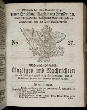 No. 37. Montags, den 12ten September 1774
