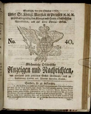 No. 40. Montags, den 5ten Oktober 1767.