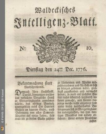 No. 10. Dienstag den 24ten Dec. 1776