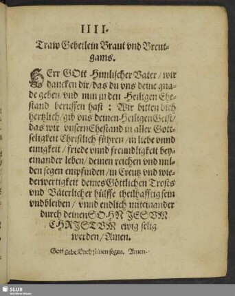 IIII. Traw Gebetlein Braut und Breutgams
