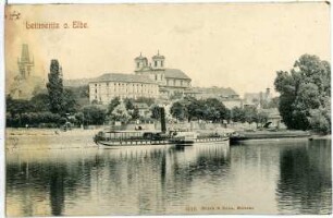 Leitmeritz. Blick über die Elbe mit Dampfer "John Penn" zu Rathaus und Jesuitenkolleg