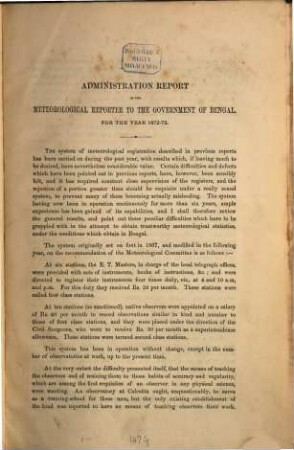 Administration Report of the Meteorological Reporter ... for the year. 1872/73
