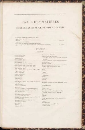 Table des matières contenues dans ce premier volume.