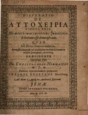 Disp de autochiria singularis homicidium sui ipsius iure civili licitum esse demonstrans