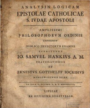 Analysin logicam epistolae catholicae S. Judae Apostoli