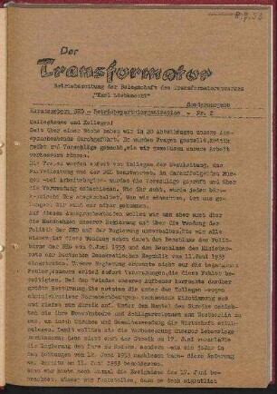 'Der Transformator - Sonderausgabe Nr. 2', Nr.2/1953 (8. Juli 1953)
