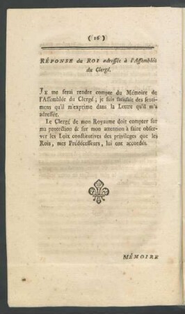 Réponse du Roi adressée à l'Assemblée du Clergé