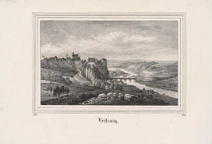 Die Burg Mildenstein (Schloss Mildenstein oder Burg Leisnig) in Leisnig im Landkreis Mittelsachsen, oberhalb der Freiberger Mulde, aus der Zeitschrift Saxonia, 2. Band