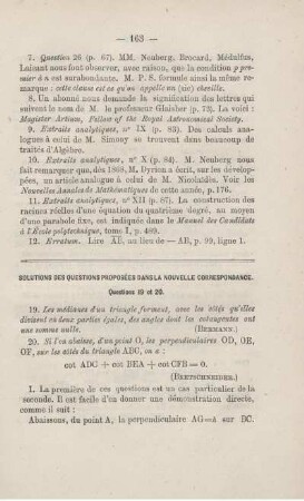 Solutions des questions proposées dans la nouvelle correspondance.