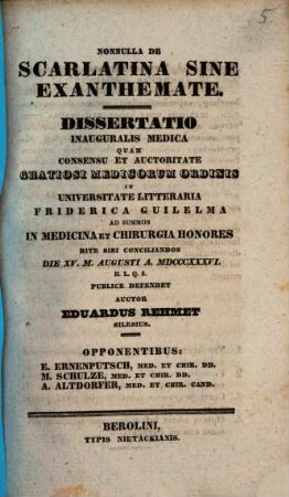 Nonnulla de scarlatina sine exanthemate : Diss. inaug. med.
