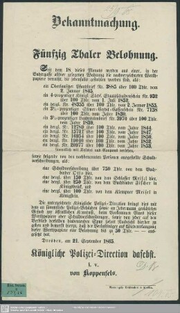 Bekanntmachung Dresden 21. Sept. 1865 [betr. die Verlust von Werthpapieren aus einer Wohnung der Badergasse]