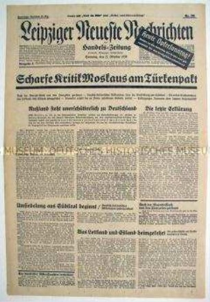 Tageszeitung "Leipziger Neueste Nachrichten" u.a. zur Umsiedlung von "Volksdeutschen" aus Lettland, Estland und Südtirol