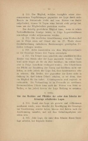 V. Titel. Von den Rechten und Pflichten der unter dem Schutze der Grossloge arbeitenden Logen.