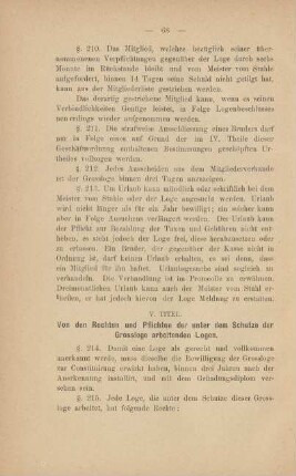 V. Titel. Von den Rechten und Pflichten der unter dem Schutze der Grossloge arbeitenden Logen.