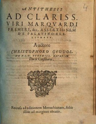 Antithesis Ad Clariss. Viri Marquardi Freheri, &c. Assertionem De Palatino-Electoratu