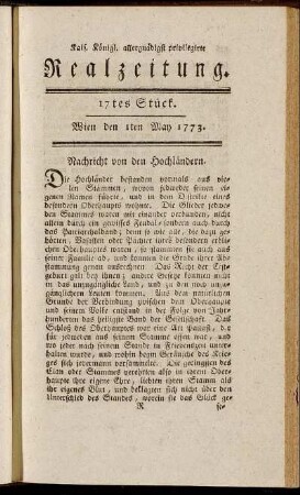 17tes Stück. Wien den 1ten May 1773.