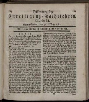 XIII. Stück. Sonnabends: den 31. März 1781.