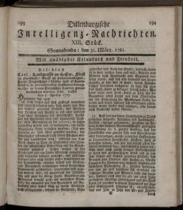 XIII. Stück. Sonnabends: den 31. März 1781.