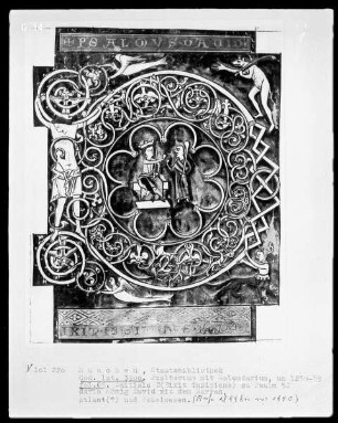 Psalterium mit Kalendarium — Initiale D (ixit insipiens) mit David und Narr, Folio 65recto