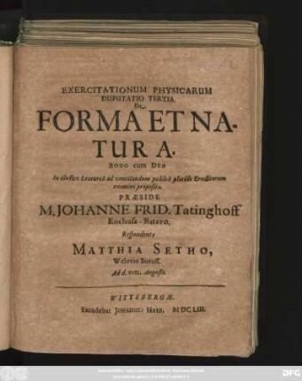Exercitationum Physicarum Disputatio Tertia. De Forma Et Natura