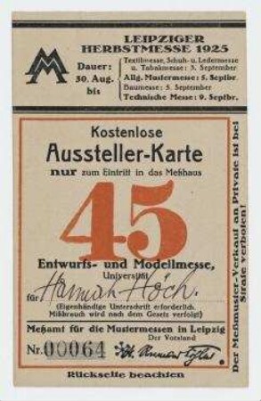 Ausstellerkarte für Hannah Höch auf der Entwurfs- und Modellmesse Leipzig