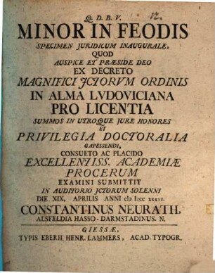 Minor In Feodis : Specimen Juridicum Inaugurale