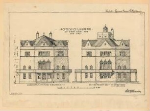 Achteckiges Landhaus Monatskonkurrenz März 1924: Aufriss Vorderansicht, Seitenansicht 1:100 (gleichzeitig zwei Dachvarianten); Maßstabsleiste