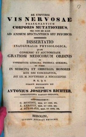 De universi vis nervosae praegnantium corporis mutationibus nec non de illis ad animum spectantibus seu psychicis : diss. inaug. physiol.