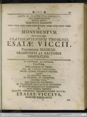 X. Monumentum Praeclari Vratislaviensium Theologi, Esaiae Viccii, Philosophiae Magistri, Praepositi et Pastoris Neapolitani